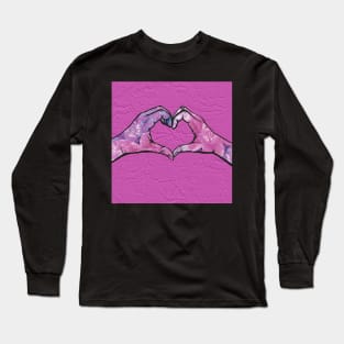 Heart Hands on Pink Lace Background Long Sleeve T-Shirt